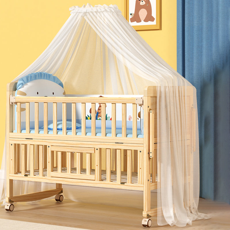 Wood Farmhouse Baby Crib Pine Light Wood Nursery Crib with Storage