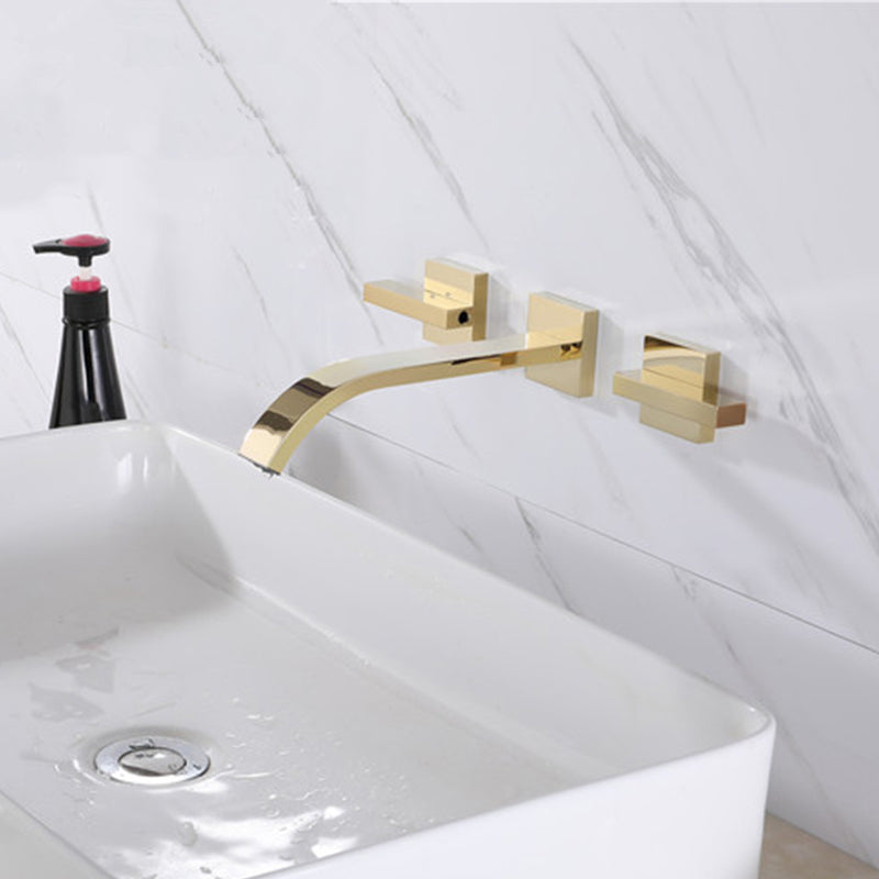 Glam Wall Mounted Bathroom Faucet 2 Handles Low Arc Solid Brass Faucet