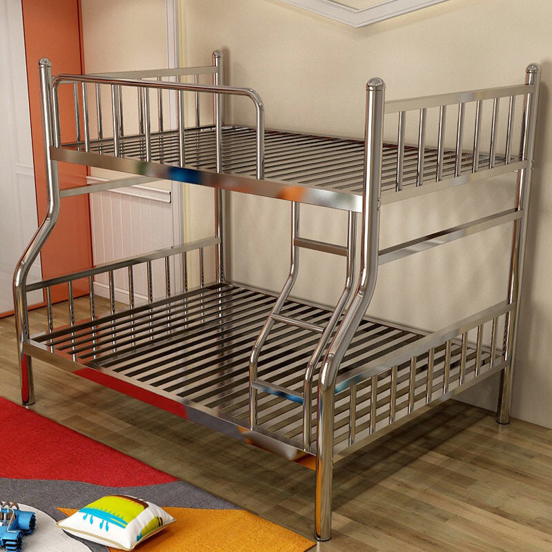 Contemporary Silver Bunk Bed with Guardrail and Built-In Ladder