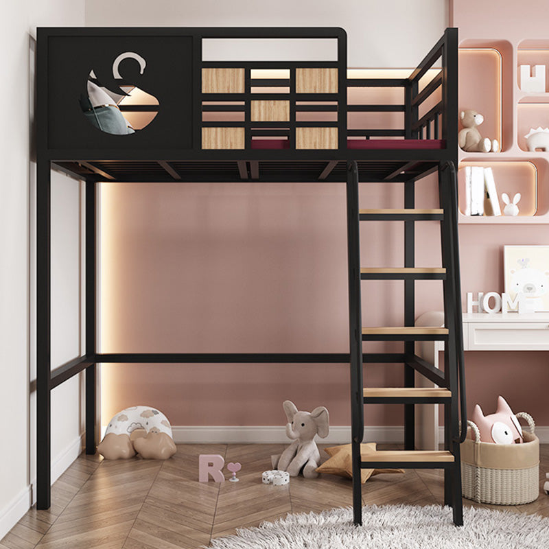 Metal Standard Loft Bed with Guardrail Black & White Iron Loft Bed with Built-In Ladder