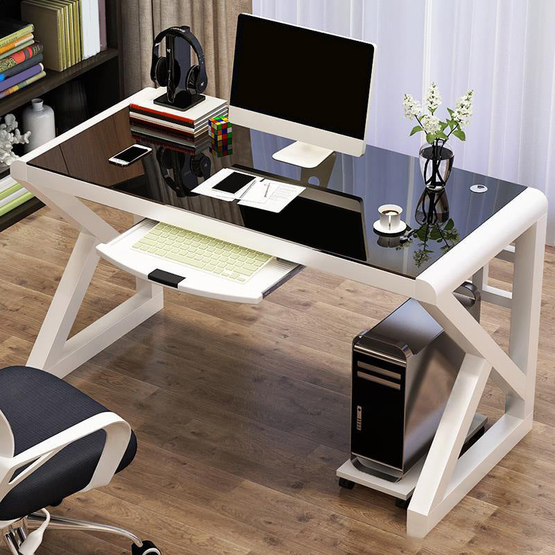 Contemporary Office Desk Glass-Top Computer Desk with Metal Legs