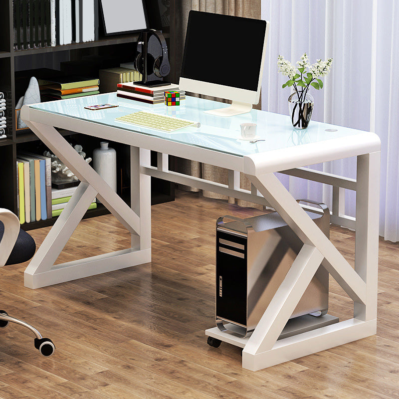 Contemporary Office Desk Glass-Top Computer Desk with Metal Legs