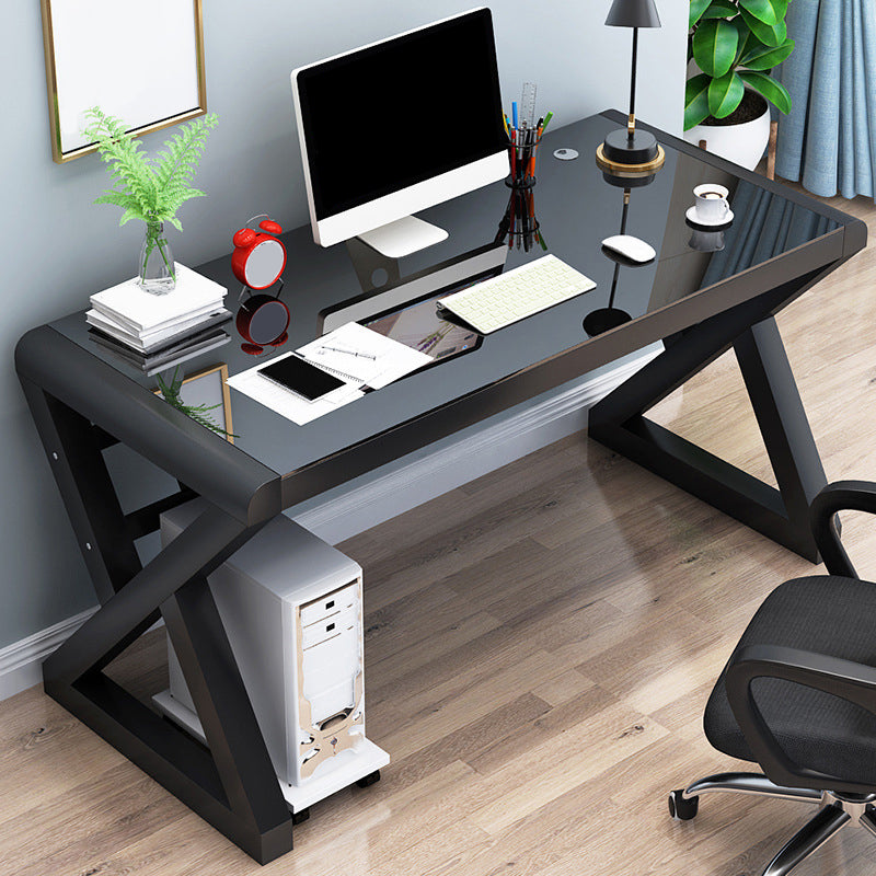 Contemporary Office Desk Glass-Top Computer Desk with Metal Legs