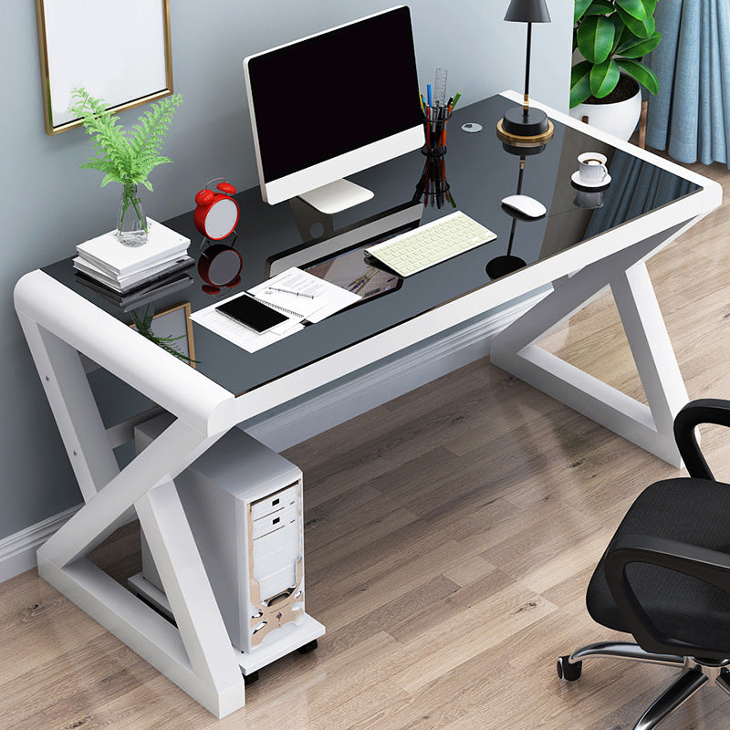 Contemporary Office Desk Glass-Top Computer Desk with Metal Legs