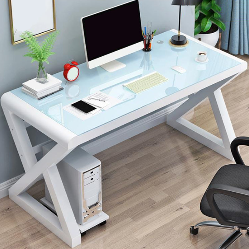 Contemporary Office Desk Glass-Top Computer Desk with Metal Legs