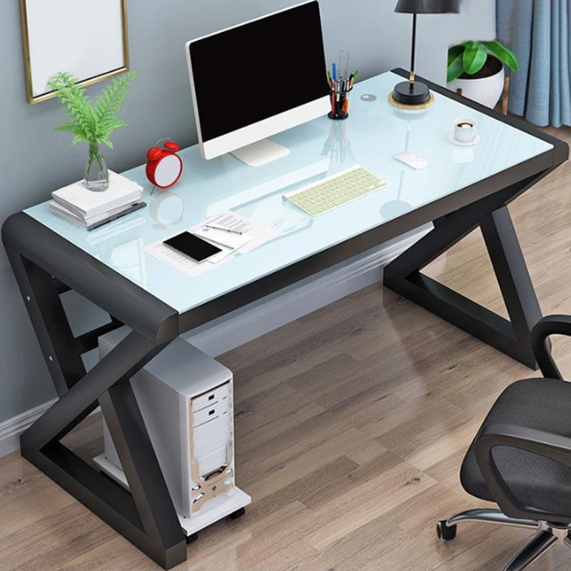 Contemporary Office Desk Glass-Top Computer Desk with Metal Legs