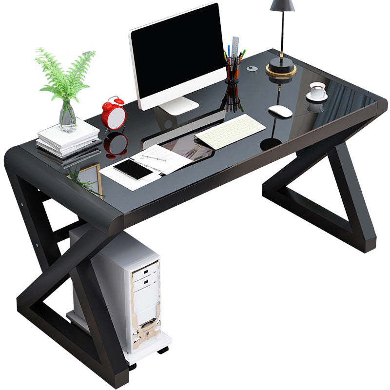 Contemporary Office Desk Glass-Top Computer Desk with Metal Legs