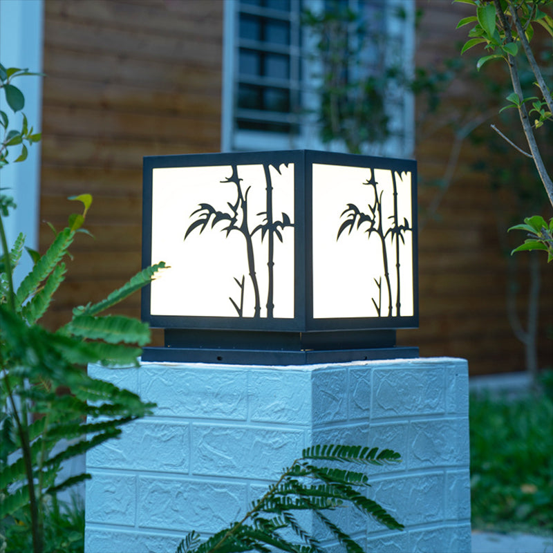 Square Shape Metal Outdoor Lights Modern Style 1 Light Solar Pillar Lamp in Black