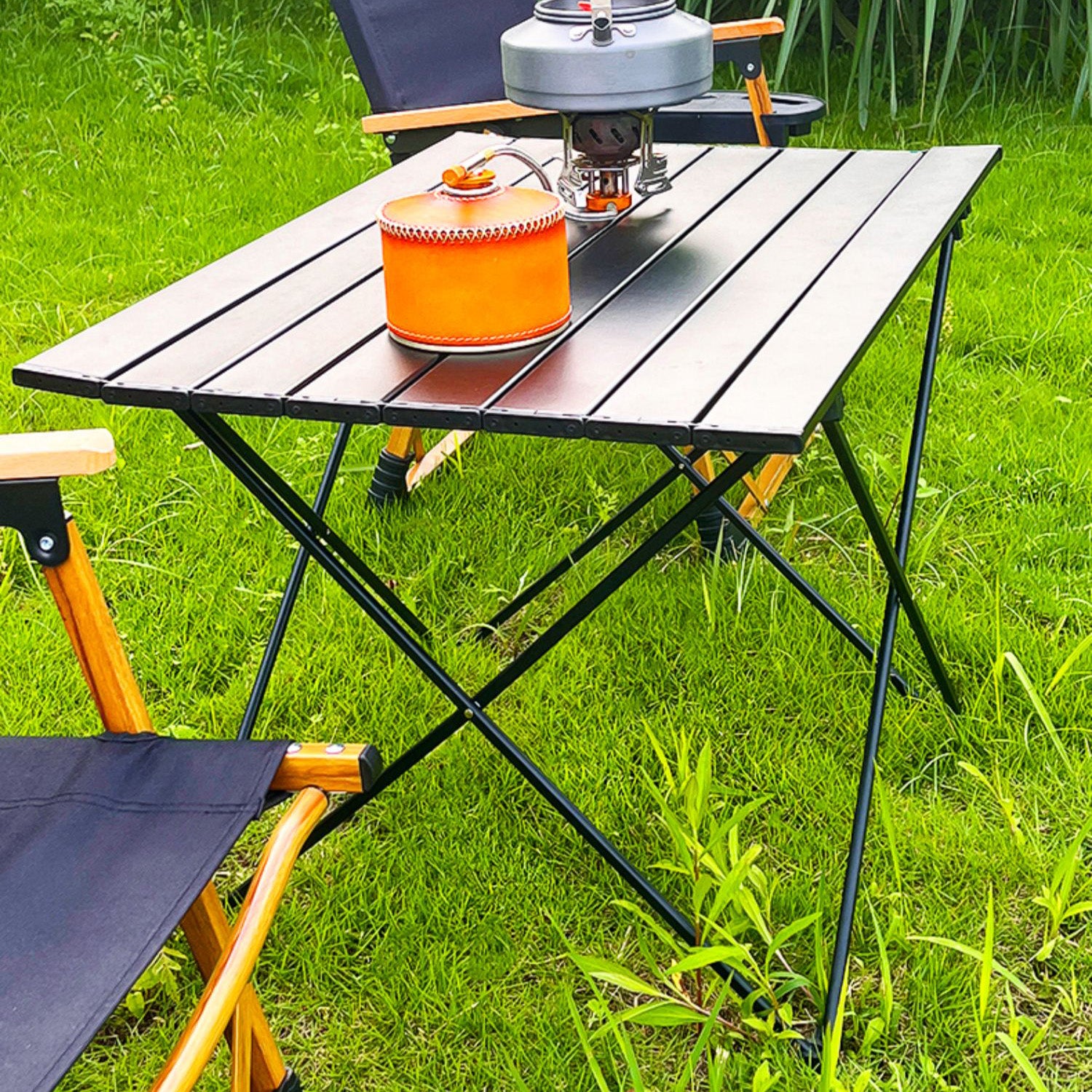 Black Aluminum Picnic Table Modern Outdoor Rectangle Shape Foldable Picnic Table