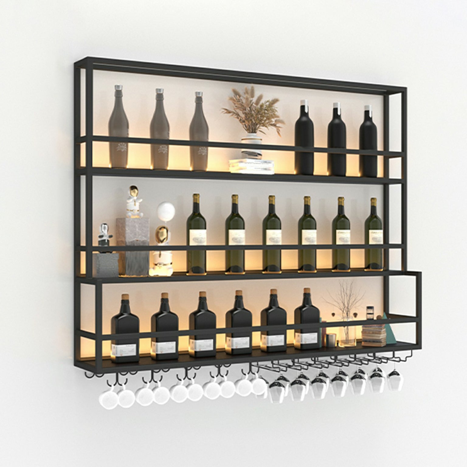 Modern Metal Wine Rack Wall Mounted Wine Bottle & Glass Rack for Living Room