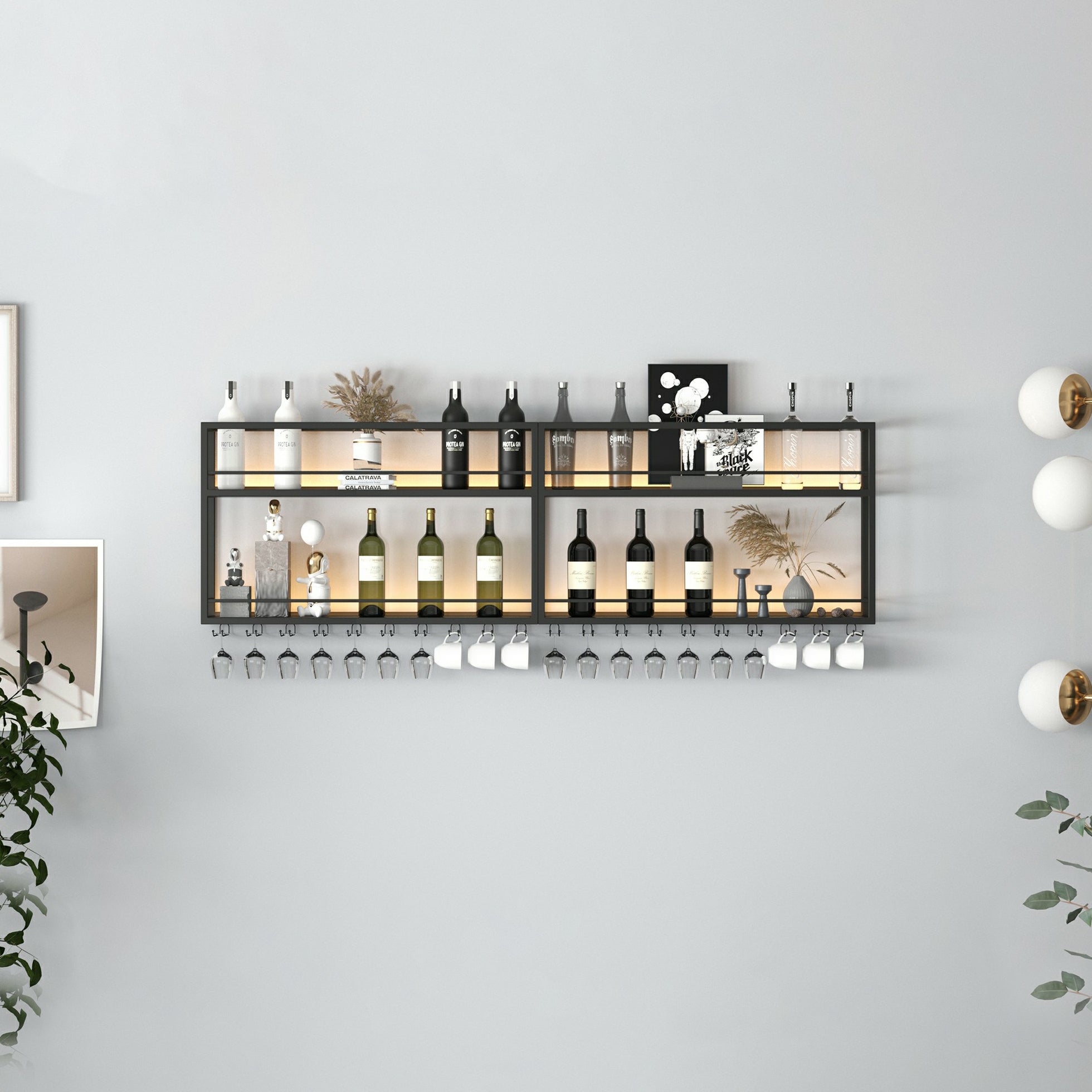 Modern Metal Wine Rack Wall Mounted Wine Bottle & Glass Rack for Living Room