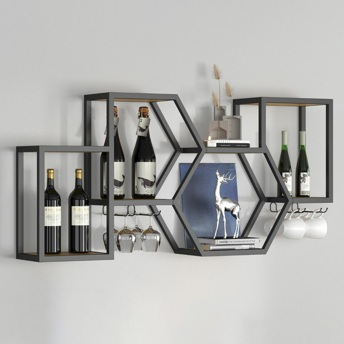 Wall Mounted Wine Rack Modern Metal Wine Bottle & Glass Rack for Dining Room