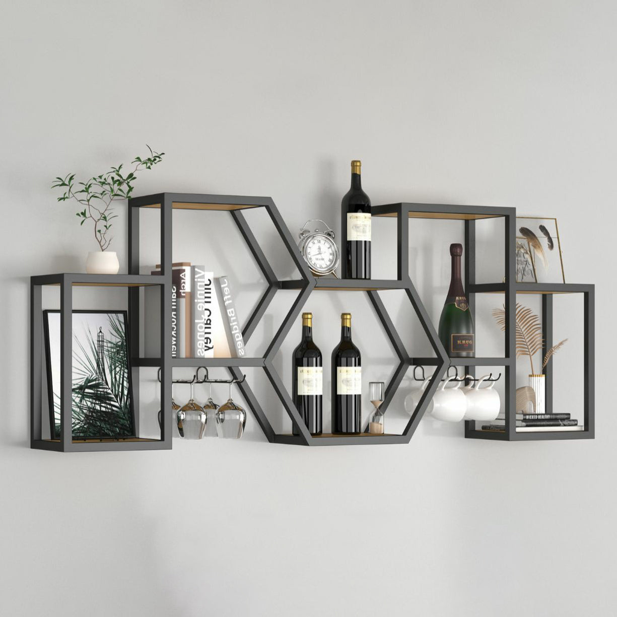 Wall Mounted Wine Rack Modern Metal Wine Bottle & Glass Rack for Dining Room