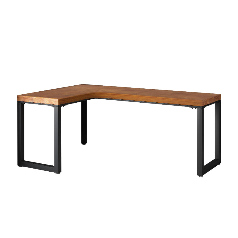 Industrial L-Shape Office Desk Solid Wood Writing Desk with Metal Legs