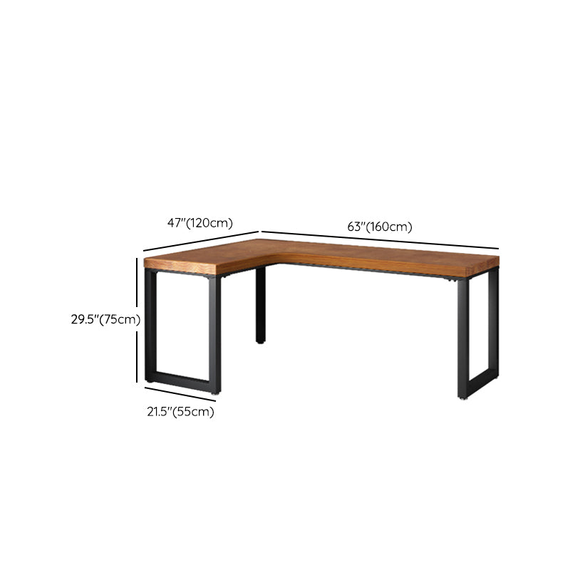 Industrial L-Shape Office Desk Solid Wood Writing Desk with Metal Legs