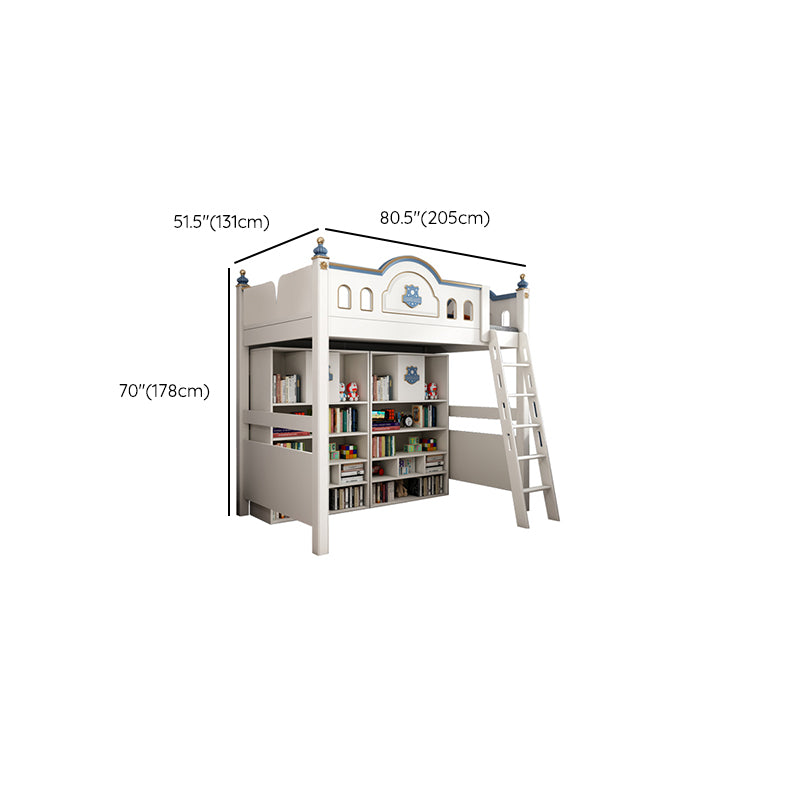 Wood Loft Bed with Guardrail White Kids Bed with Built-In Ladder/Stairway