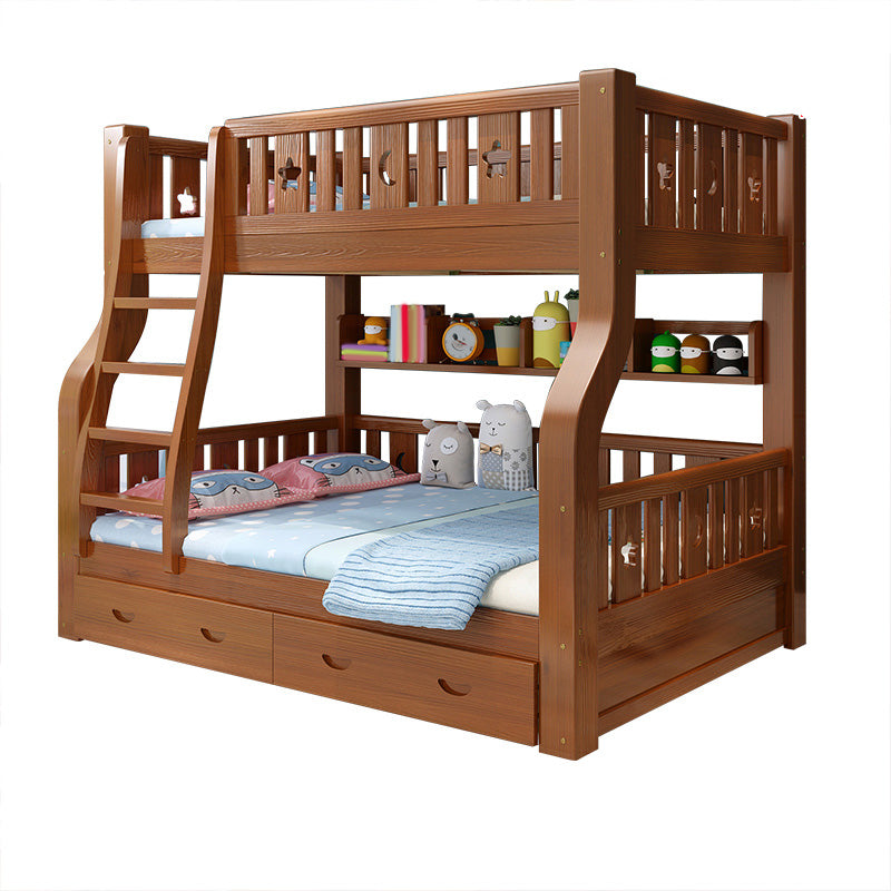 Scandinavian Brown Bunk Bed with Drawers and Shelves in Solid Wood