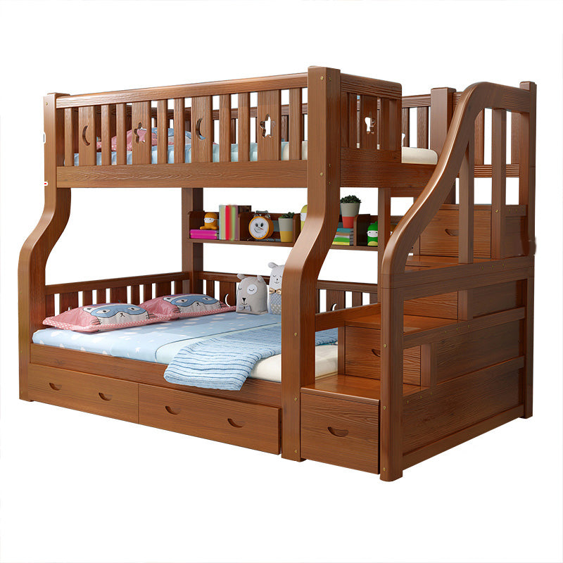 Scandinavian Brown Bunk Bed with Drawers and Shelves in Solid Wood