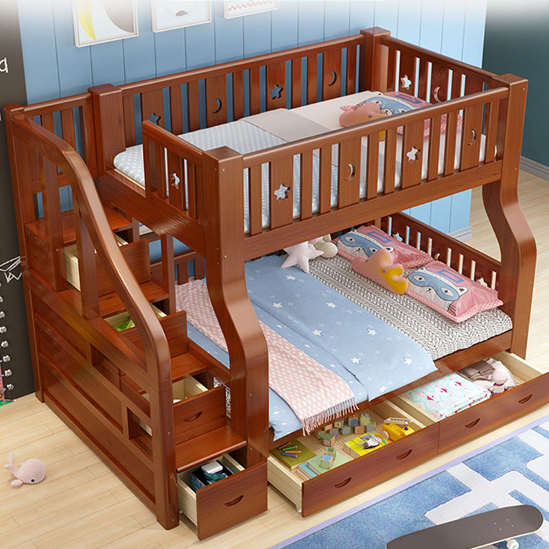 Scandinavian Brown Bunk Bed with Drawers and Shelves in Solid Wood