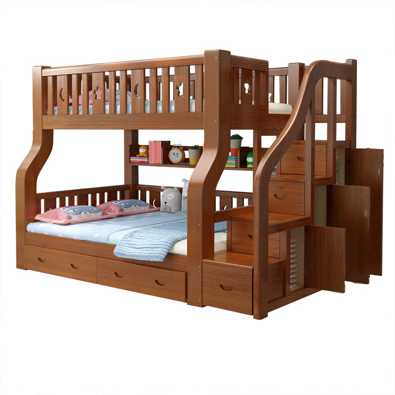 Scandinavian Brown Bunk Bed with Drawers and Shelves in Solid Wood