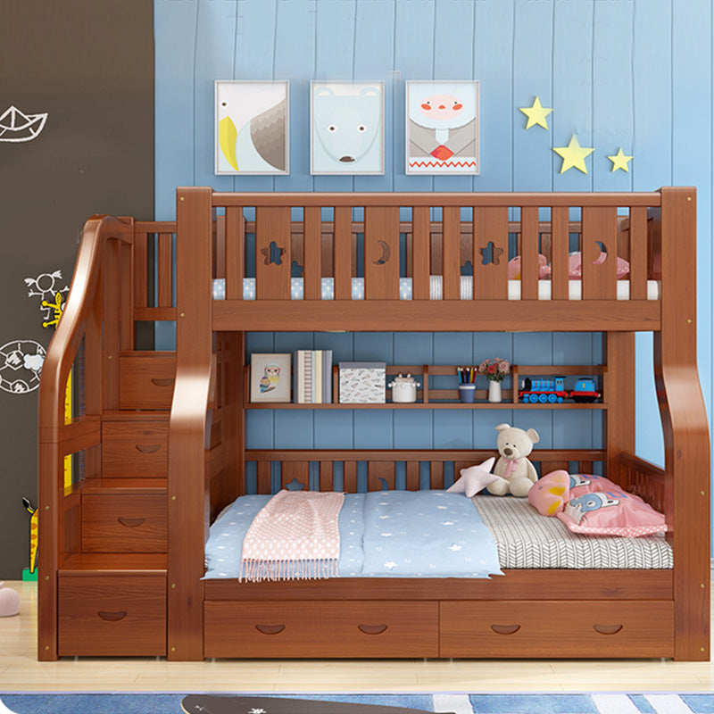 Scandinavian Brown Bunk Bed with Drawers and Shelves in Solid Wood