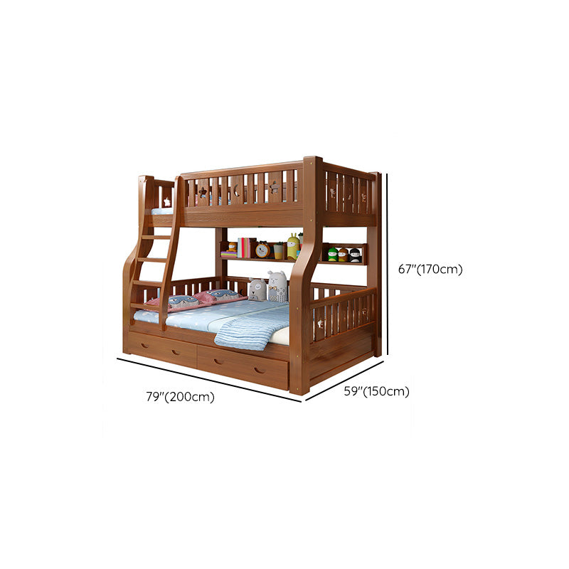 Scandinavian Brown Bunk Bed with Drawers and Shelves in Solid Wood