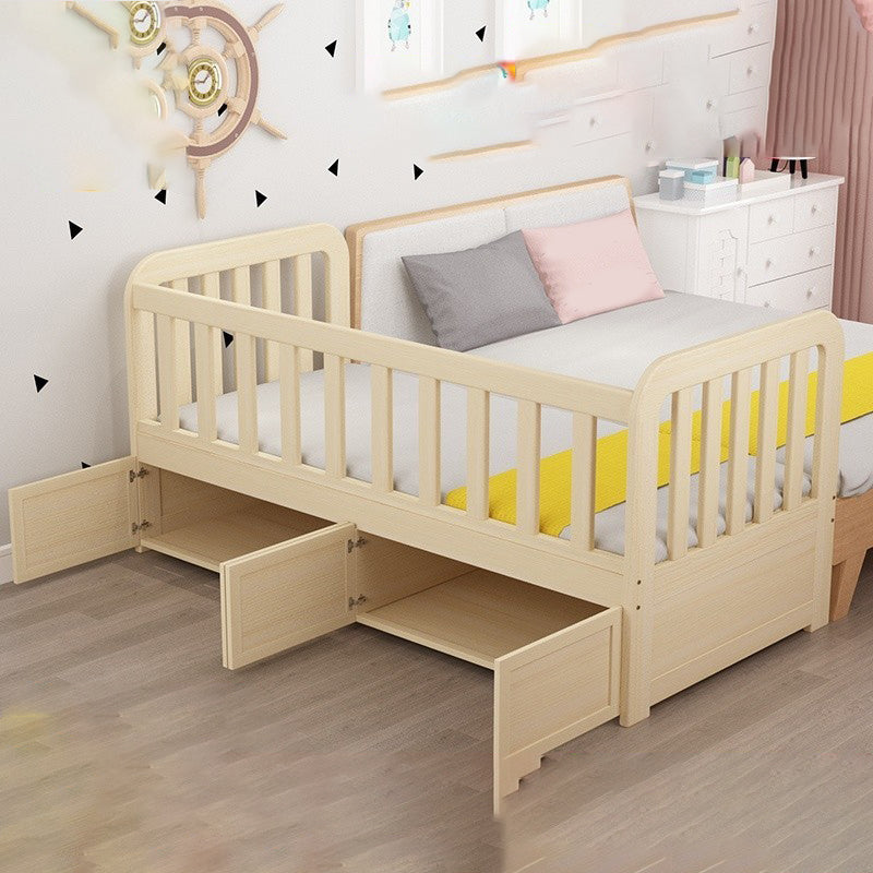 Light Wood Baby Crib Scandinavian Pine Under Crib Storage with Guardrail