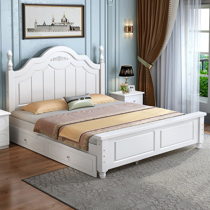 Solid Wood Panel Bed Contemporary White Standard Bed with 2 Drawers