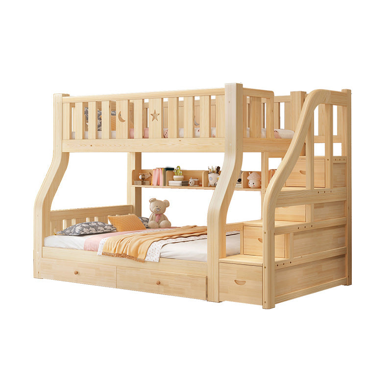 Natural Pine Wood Bunk Bed Solid Wood Loft Bed with Mattress and Guardrails