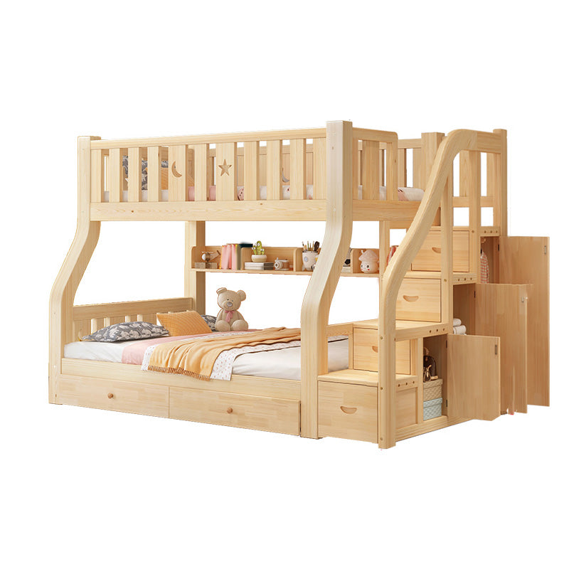 Natural Pine Wood Bunk Bed Solid Wood Loft Bed with Mattress and Guardrails