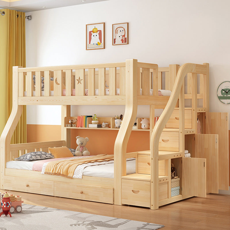 Natural Pine Wood Bunk Bed Solid Wood Loft Bed with Mattress and Guardrails