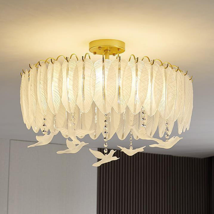 Nordic Ceiling Light Feather-shaped Glass Flush Mount Lighting Fixture for Bedroom