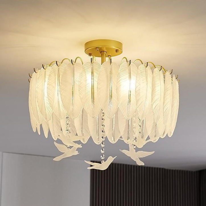 Nordic Ceiling Light Feather-shaped Glass Flush Mount Lighting Fixture for Bedroom