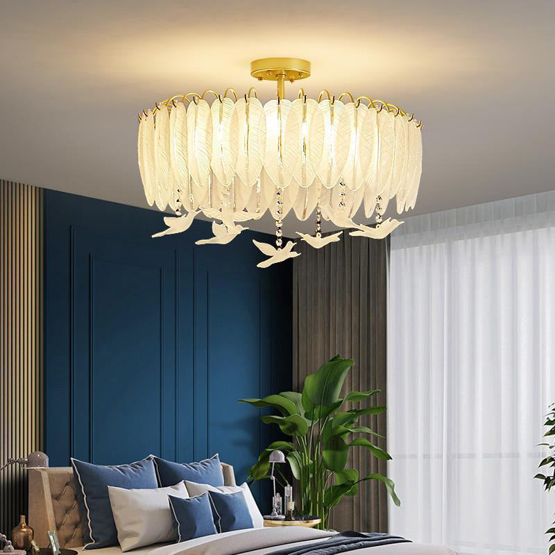 Nordic Ceiling Light Feather-shaped Glass Flush Mount Lighting Fixture for Bedroom