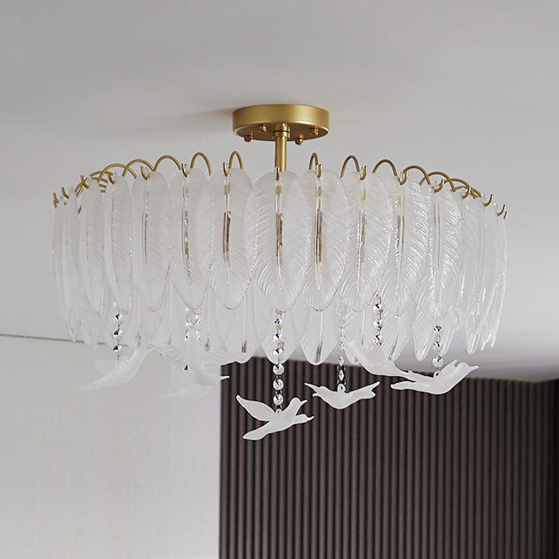 Nordic Ceiling Light Feather-shaped Glass Flush Mount Lighting Fixture for Bedroom