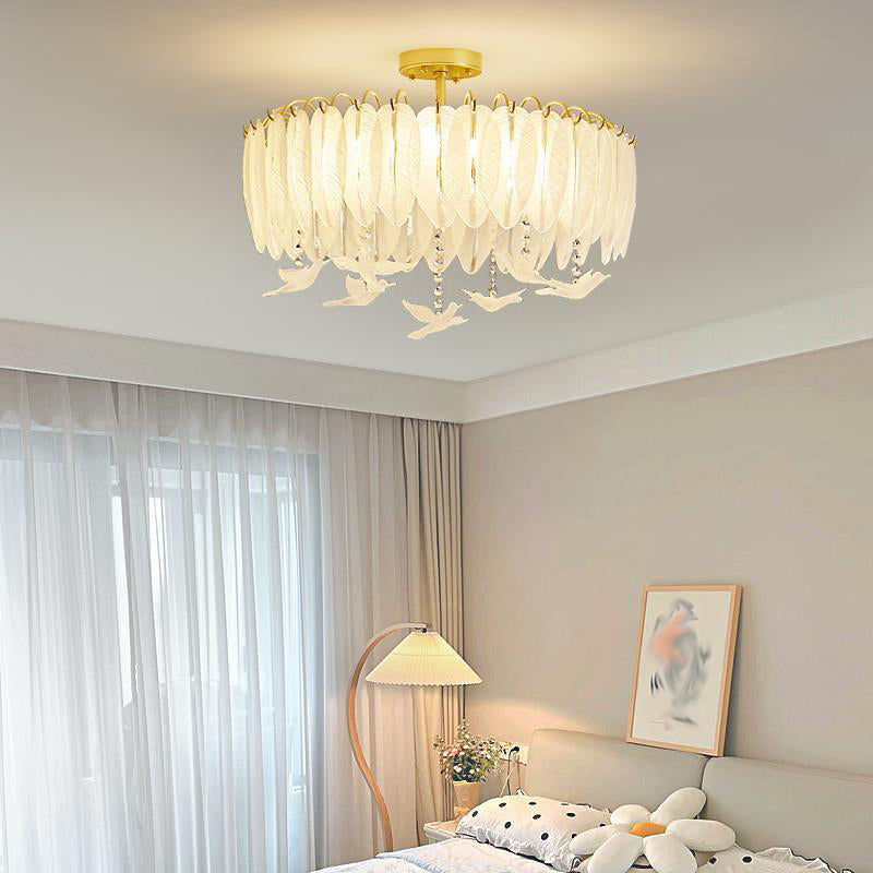 Nordic Ceiling Light Feather-shaped Glass Flush Mount Lighting Fixture for Bedroom