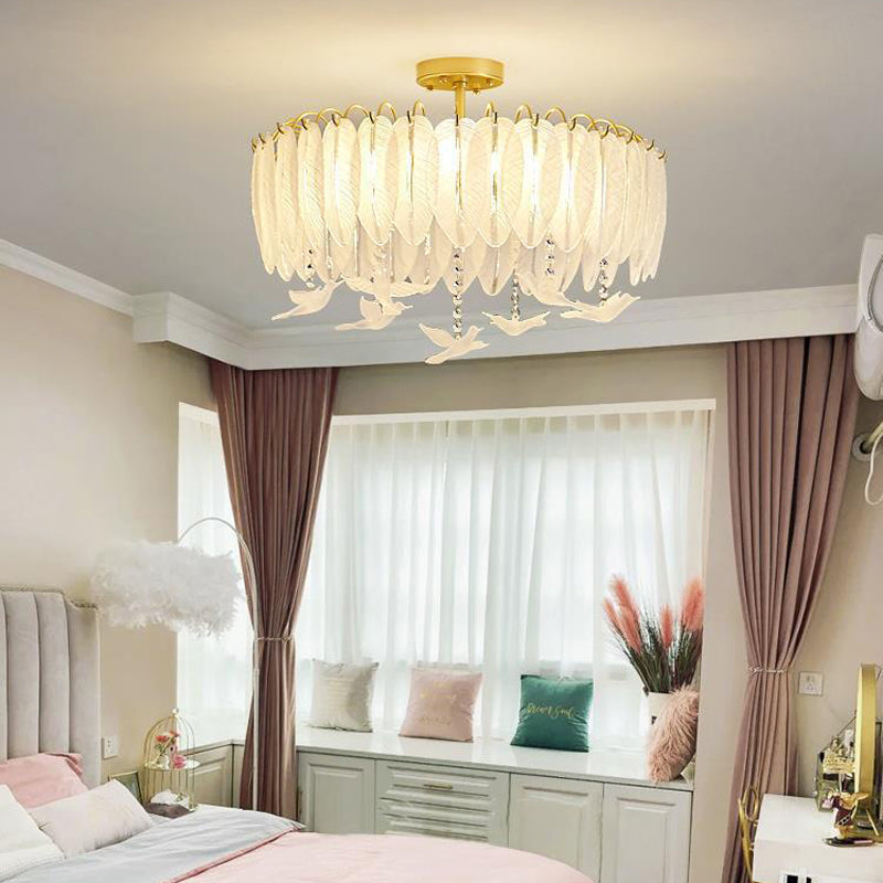 Nordic Ceiling Light Feather-shaped Glass Flush Mount Lighting Fixture for Bedroom