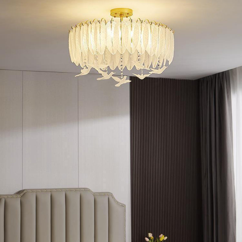 Nordic Ceiling Light Feather-shaped Glass Flush Mount Lighting Fixture for Bedroom