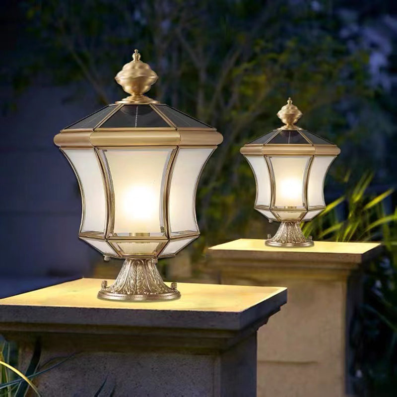 Metal Drum Shape Outdoor Lights Modern Style 1 Light Solar Pillar Lamp in Brass