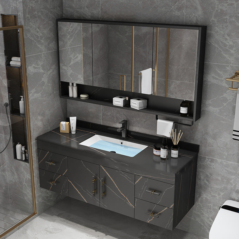 Stone Top Vanity Set Single Sink Mirror Drawers Wall-Mounted Rectangle Vanity with 2 Doors