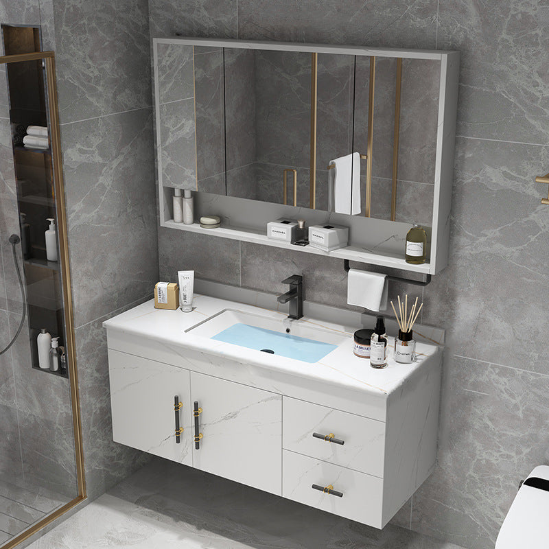 Stone Top Vanity Set Single Sink Mirror Drawers Wall-Mounted Rectangle Vanity with 2 Doors