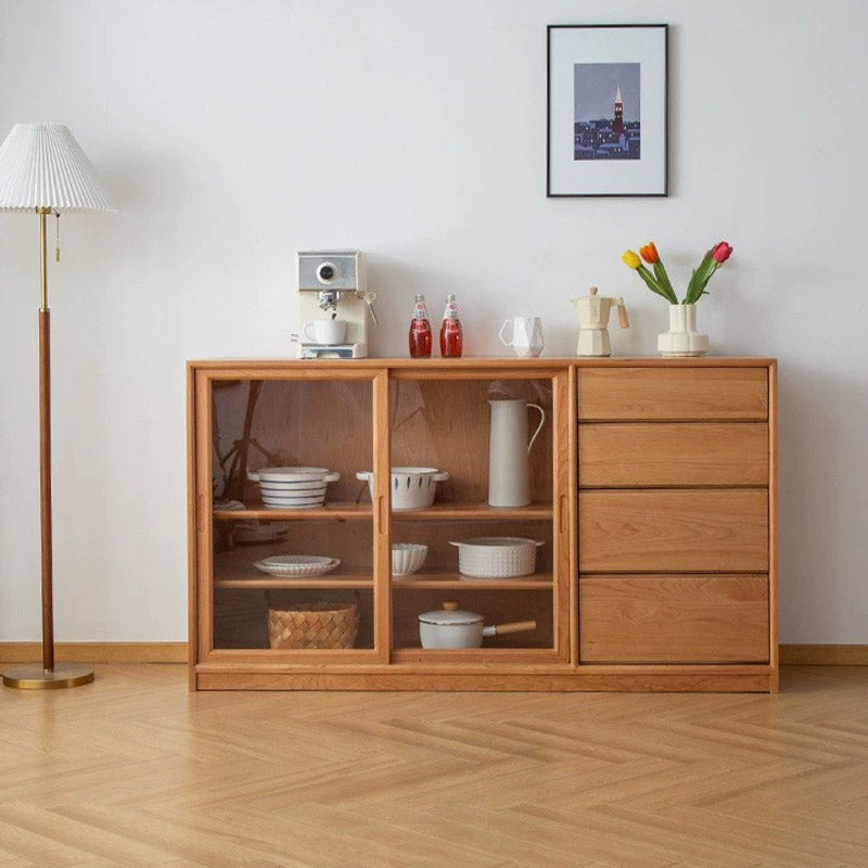 Solid Wood Buffet Table Modern and Contemporary Side Board with Cabinets and Drawers