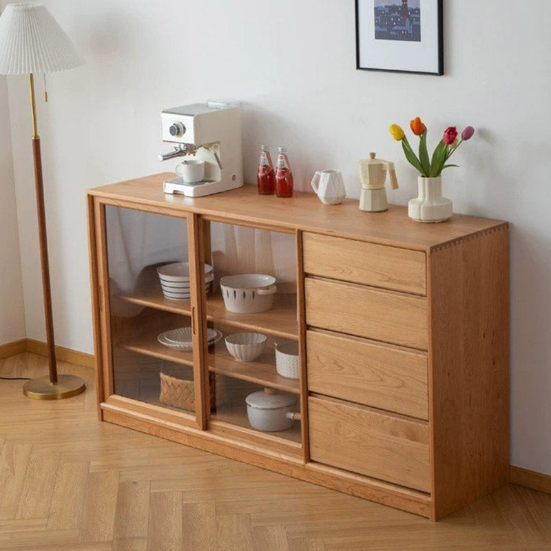 Solid Wood Buffet Table Modern and Contemporary Side Board with Cabinets and Drawers