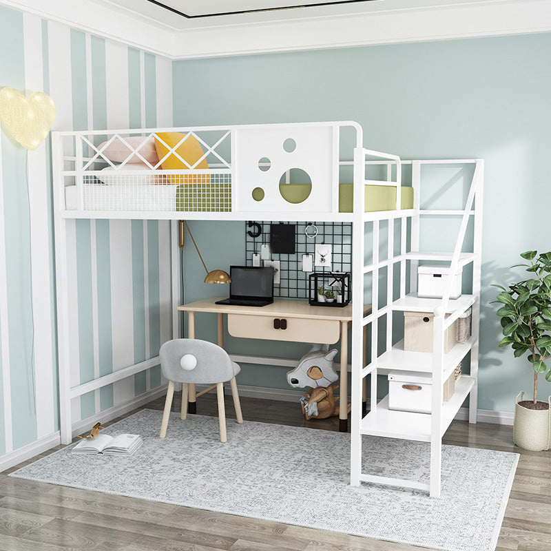 Contemporary Loft Bed Metal White/Black Kids Bed with Guardrail