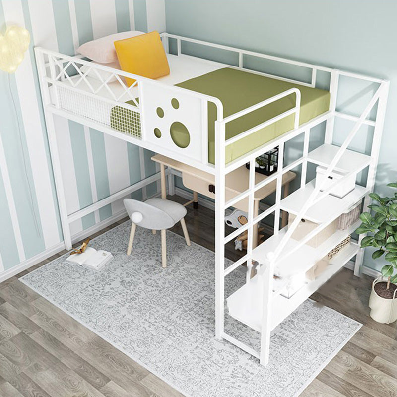 Contemporary Loft Bed Metal White/Black Kids Bed with Guardrail