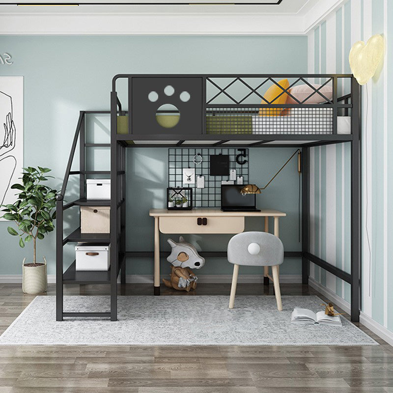 Contemporary Loft Bed Metal White/Black Kids Bed with Guardrail