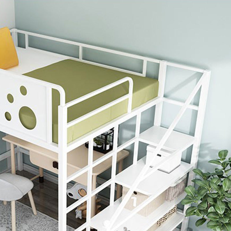 Contemporary Loft Bed Metal White/Black Kids Bed with Guardrail