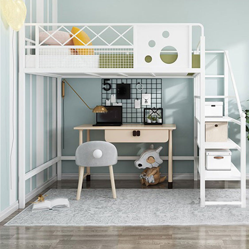 Contemporary Metal Loft Bed White/Black Kids Bed with Headboard and Guardrail