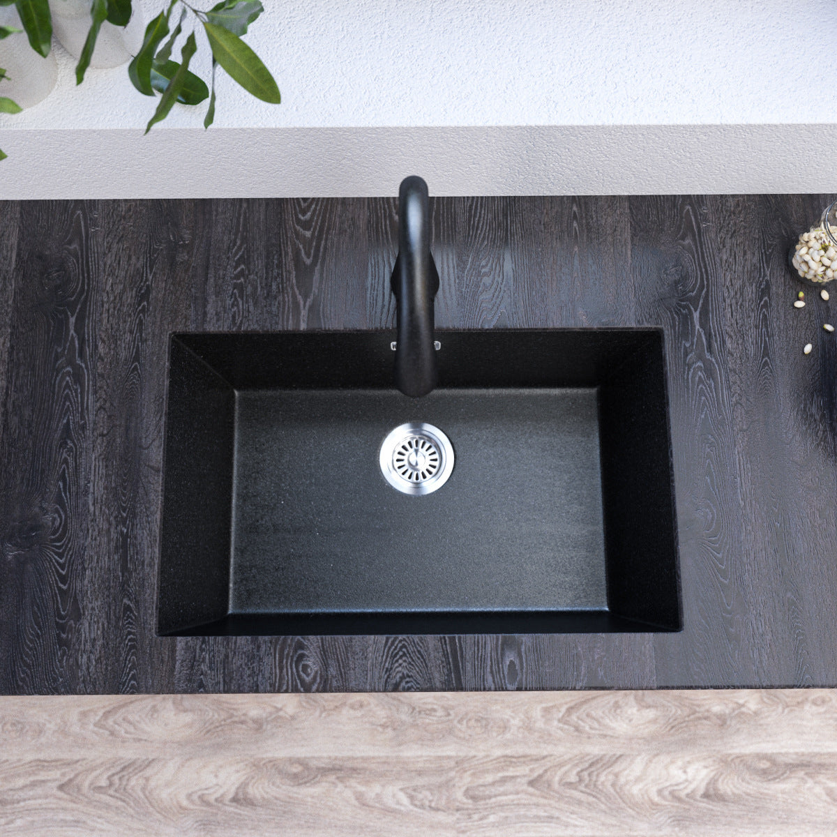 Contemporary Kitchen Sink Black Square Quartz Single Bowl without Faucet