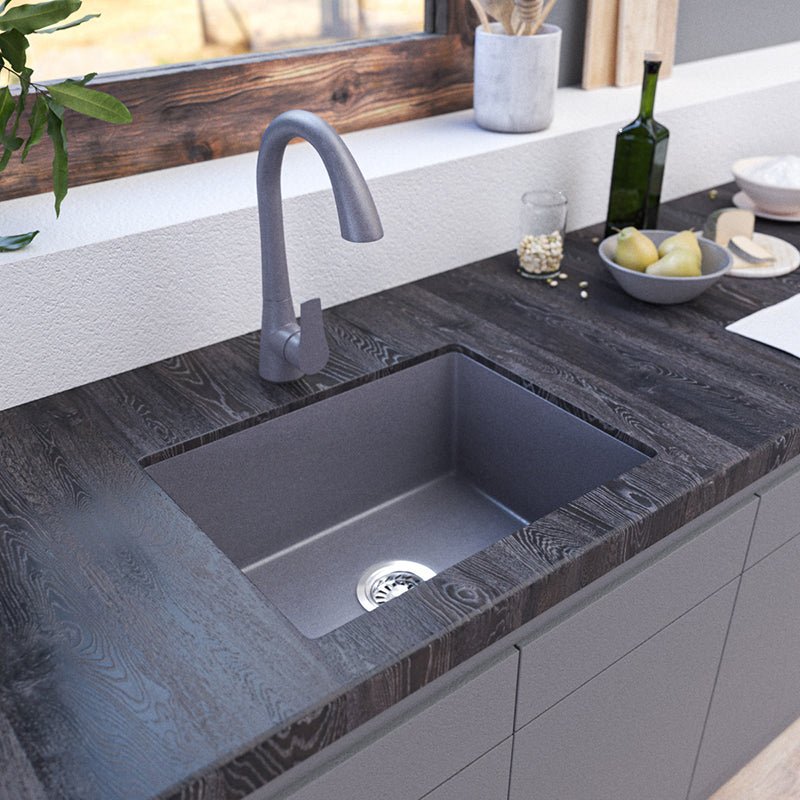 Contemporary Kitchen Sink Black Square Quartz Single Bowl without Faucet